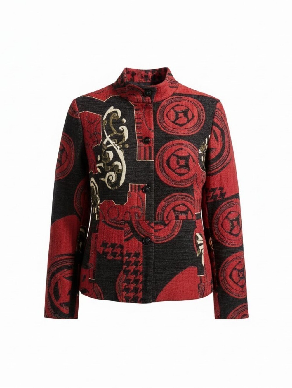 Chico's Kimono Jacket Sz 3 USA XL Red Black Asian Tapestry Art To Wear Statement